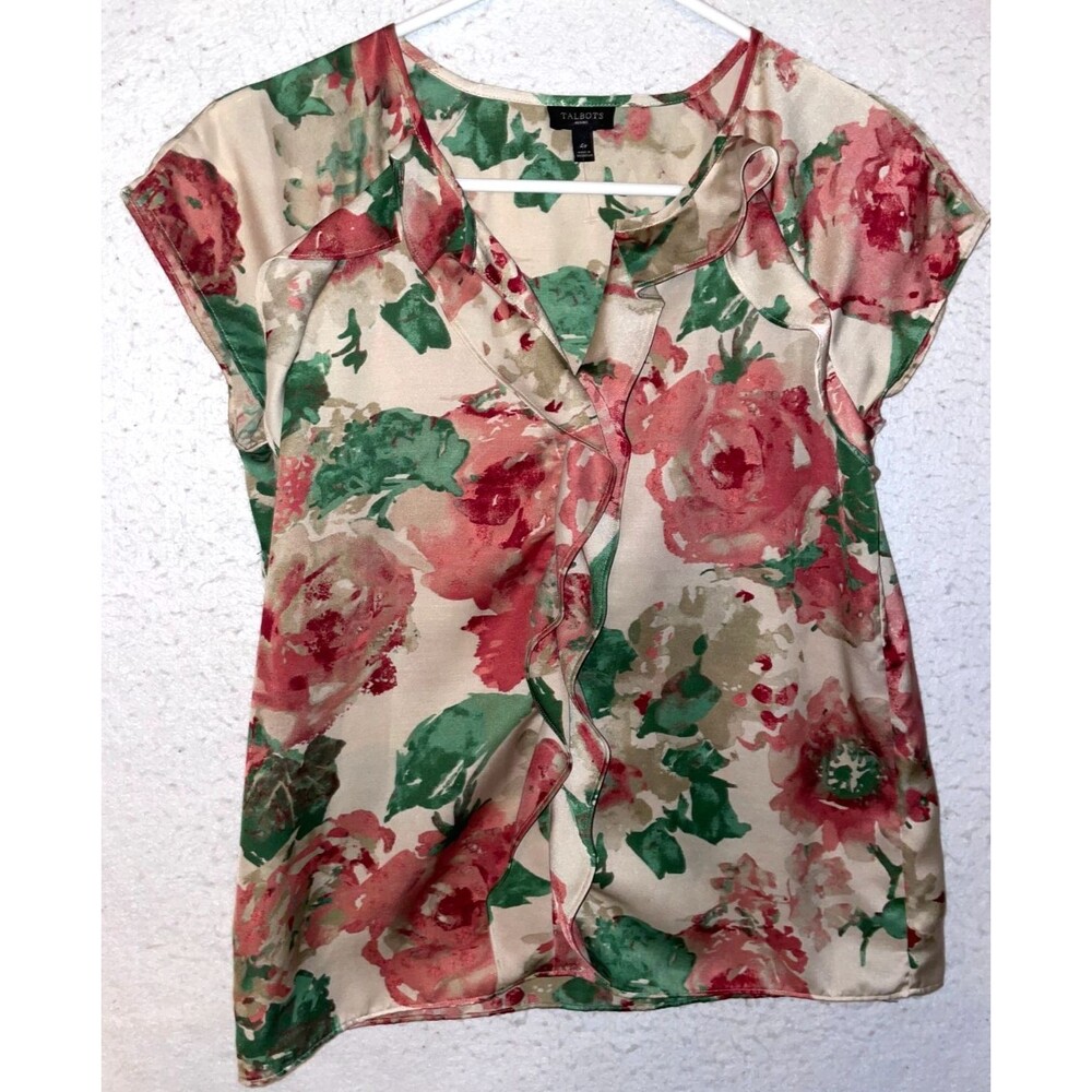 Talbots Petites Women's Petite 4P Top Roses Floral Ruffle Pink Gold Green satin